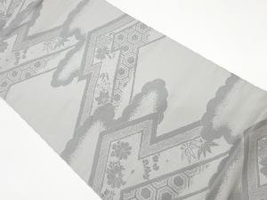 リサイクル　雲・松皮菱に花々・亀甲模様織出し袋帯